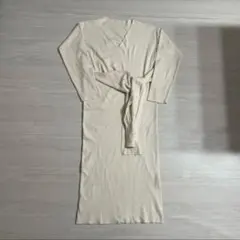 長袖ニットロングワンピース／アイボリー／ウエストリボン付き