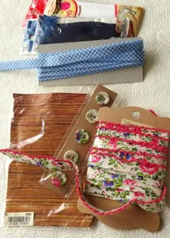 【5種セット♪】花柄・無地・ストライプ　バイアステープ＆ボタン　おまとめ