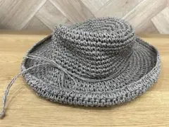 グレー ストローハット　麦わら帽子 リボン付き