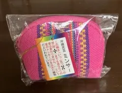 沖縄民芸　ミンサー刺繍模様のピンクポーチ・コインケース