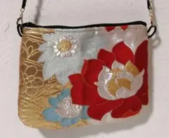 赤 水色 白 花模様織出し着物　帯リメイク 和風ポーチ ミニショルダーバッグ