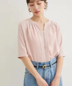 完売品 美品 VIS 2WAYフロントタック5分袖ブラウス ピンク Lサイズ