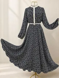 パールネックレス＆ベルトSET花柄ロングワンピース上品高見えコーデ黒フレア 美品