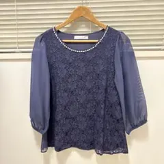 一度着用　ネイビー レース シャツ 七分袖