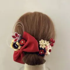 カラフルお花と和布リボンの髪飾り つまみ細工 卒業式 袴 入学式 和装映え