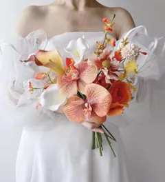 再販アーティフィシャルフラワーブーケ　オレンジ　胡蝶蘭　前撮り　ウェディング