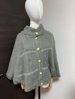 axesfemmeパッチワーク編み ニットポンチョ チャコール M ケーブル編み