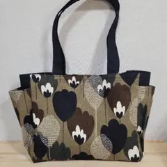 花柄サイドポケットトートバッグ カーキ