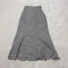 イングツイード調 チェック柄 ロングスカート フリンジマーメイド