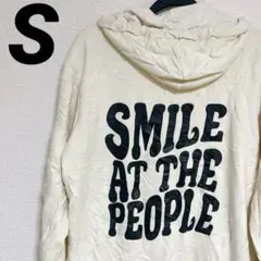 アイボリー フード付きパーカー 【S】 ロゴ　裏起毛　レディース　海外古着