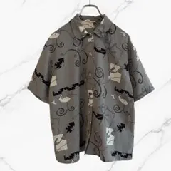 70s USA製 ヴィンテージ調 総柄シャツ レトロ 幾何学 M ポリシャツ VINTAGE☆アート系総柄ポリシャツ】とろみ☆幾何学☆レトロ☆グリーン