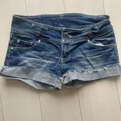 デニムブルー ダメージ加工 ショートパンツ