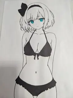 魂魄妖夢 水着 手描きイラスト 東方Project 美少女 A4 5