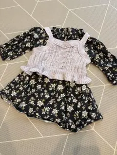 プティマイン　80 花柄ワンピース　ニットビスチェ付き　ブラック　春服