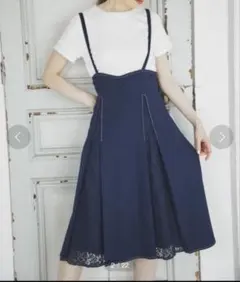 トッコクローゼット くるみボタン付きフラワーレース切替ジャンパースカート