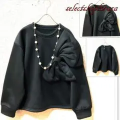 ☆暖か裏起毛☆ビックリボントレーナープルオーバー☆M-L/ブラック