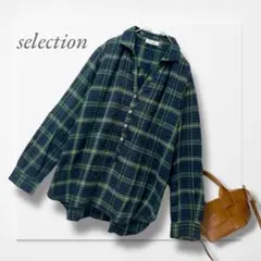セレクション◆ネルシャツ(L)緑 チェック柄 スキッパー 大人カジュアル 秋冬