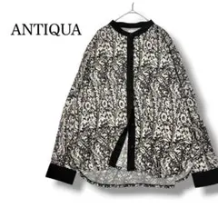 美品 ANTIQUA サラサ柄 バイカラーシャツ ブラック サテン生地 高級感のサムネイル