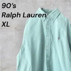 【90s】ラルフローレン 紺タグ ヘビーコットンBDシャツ XL くすみグリーン