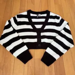 H&M クロップドカーディガン S 黒白ストライプ