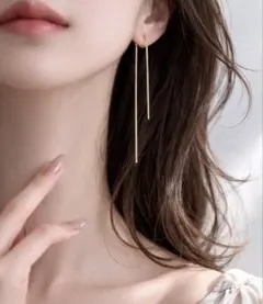 痛くないイヤリング　ピアス風　華奢ロングゴールド