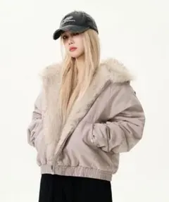 ベージュ ファー付きフード ジャケット