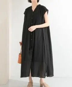 O999アーバンリサーチロングシャツワンピースノースリーブラック黒無地コットン綿