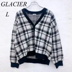 e5546 【グラシエ】チェック柄カーディガン Lサイズ レディース 白×黒
