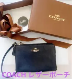 母の日 COACH コーチ レザー ポーチ ミニバッグ ネイビー 箱付き 