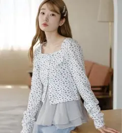 Kastane カスタネ 小花柄サーマルカーディガン