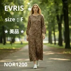 EVRIS 長袖ロングワンピース 花柄 ペイズリー柄 薄手 ブラウン F