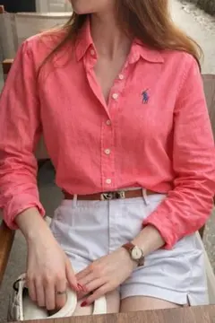 美品 POLO RALPH LAUREN リネン100%ストライプシャツ レッド POLO RALPH LAUREN - 美品 POLO RALPH LAUREN リネン100%ストライプ