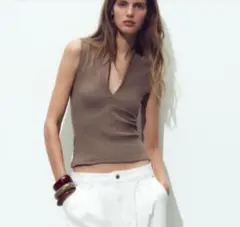 ZARA ザラ　リブ素材　Vネックトップス　チョークピンク　モカブラウン