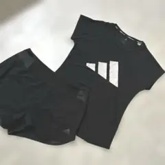 【新品】アディダス　半袖TシャツM ショートパンツL ブラック　上下セット　ランのサムネイル