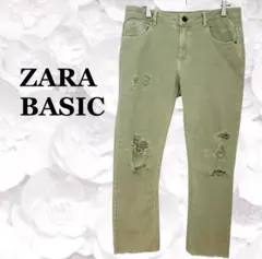 ZARA『ザラベーシック』デニム ジーンズ【F】グリーン系 ダメージ 大きい