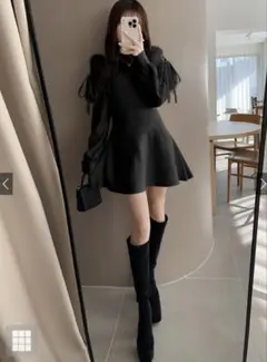 GRL チュールショルダーファーフレアニットミニワンピース [tu1477]