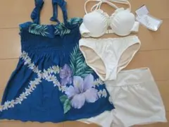 新品 9M 婦人ビキニ 水着 4点セット 花柄　アイボリー色×青