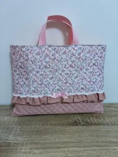 入園入学　レッスンバック　いちご柄　ピンク　リボン　フリル　レース