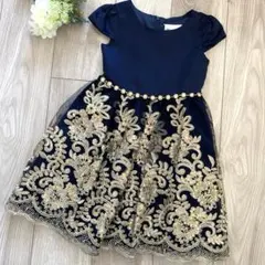 ゴールド刺繍・スパンコール付き 子供用ドレス ネイビー 5Tのサムネイル