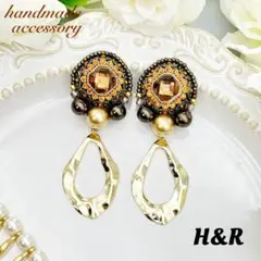 1204 ラインストーン ビーズ刺繍 ブラウン スクエア ゴールド ドロップ