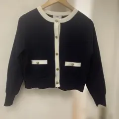 【TONAL】バイカラー　カーディガン　ボレロ　ネイビー×白　M