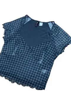 US古着 H&M チェック柄 半袖トップス 透け感 M