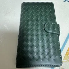 ダークグリーン 手帳型スマホケース 編み込みデザイン