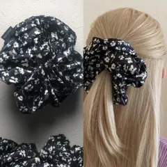 シュシュ,花柄,ブラック,髪留め,サテンシュシュ,03 Black,黒色,S9S