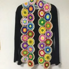 お花モチーフのマフラー　ベージュ② 手編み　モチーフ編み