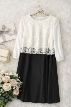 サイズ11レース切替 ドッキングワンピース 白×黒 セレモニー 入学式 卒業式