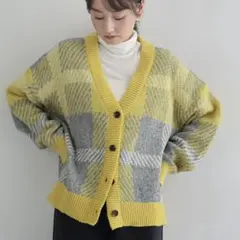 モヘヤライク チェックジャガード ニットカーディガン 長袖 イエロー M