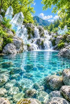 水晶がある森　天然石　イラスト　水晶　クリスタル　新緑　風景画　自然　C308