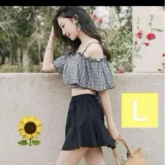 L レディース 水着黒チェック体型カバーフリルオフショルダー タンキニ スカート