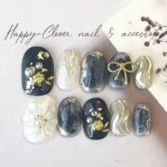 ☆B-106☆和柄ネイルチップ　リボンのお着物ネイル　紺　成人式前撮り振袖